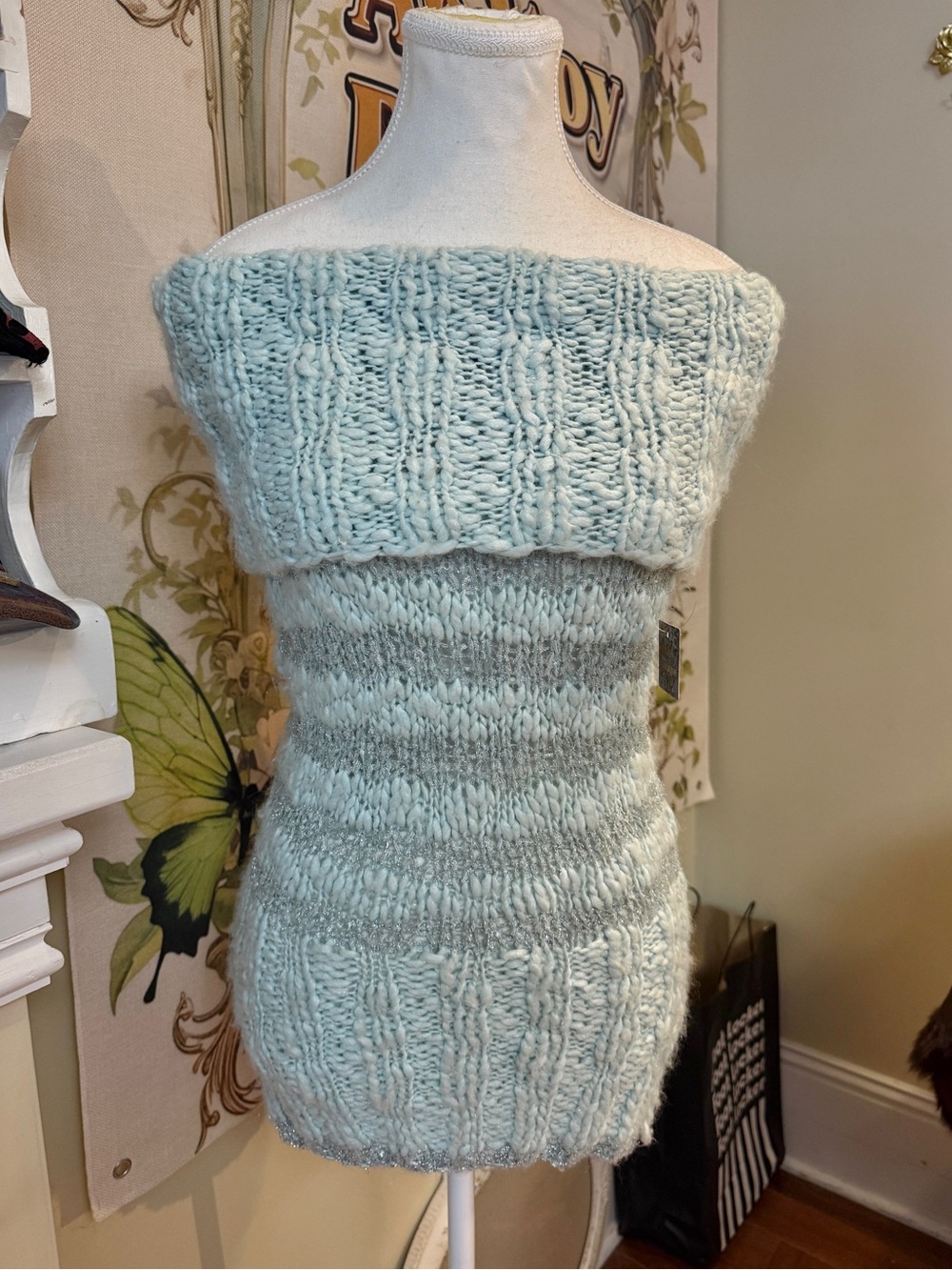Bebe Off-Shoulder Chunky Knit Sweater Dress in Light Mint